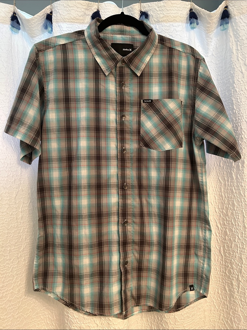 Hurley Teal and Gray Plaid Short-Sleeve Button-Down Shirt